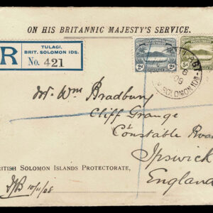 Lot 347 - BRITISH SOLOMON ISLANDS: 1908 2d grey slate and 5d olive tied by BRITISH SOLOMON IDS DEC 8 1908 c.d.s. on neat registered O.H.B.M.S. envelop - Image 1