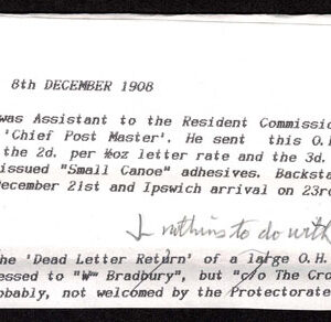 Lot 347 - BRITISH SOLOMON ISLANDS: 1908 2d grey slate and 5d olive tied by BRITISH SOLOMON IDS DEC 8 1908 c.d.s. on neat registered O.H.B.M.S. envelop - Image 3