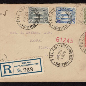 Lot 348 - BRITISH SOLOMON ISLANDS: Used to the United States; 1908 to 1911 1/2d to 1s (less 1911 4d) set of seven on TWO sequentially matching registered envelopes - Image 2