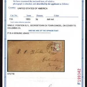 Lot 034 - UNITED STATES:California; 1851  3c dull red, Plate 1L worn plate color position 5L1L - Image 3