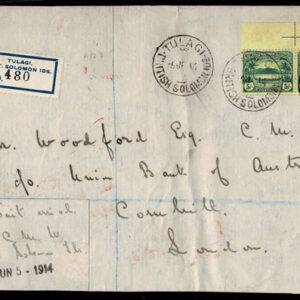 Lot 350 - BRITISH SOLOMON ISLANDS: Used to London, 1910 5sh green on yellow TOP SHEET MARGIN PAIR with guide mark - Image 1