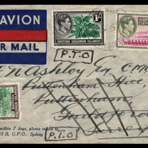 Lot 357 - BRITISH SOLOMON ISLANDS:  Used to England; 1939 2 1/2d, 4 1/2d. 1s George V  issue - Image 1