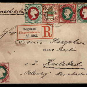 Lot 417 - HELIGOLAND used to Czech Republic: 1875-90; 5pf. 10pf, 25pf, 50pf  all tied on off-white Registered envelope - Image 1