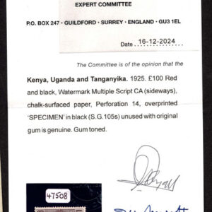 Lot 421 - KENYA, UGANDA, TANGANIKA: 1925, ?100 red & black - Image 3