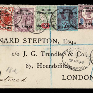 Lot 426 - NIGER COAST to Great Britain: 1892-94 1/2d to 3s set complete, tied on neat Registered envelope - Image 1