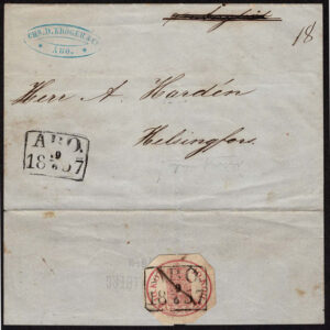 Lot 437 - FINLAND: 1856 to 58, 10k rose octagonal cut and cancelled ARO _ 1857 hinged on reverse of of a folded lettersheet - Image 1