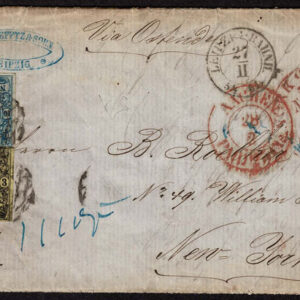 Lot 450 - GERMAN STATES;  SAXONY; 1855-60 10 g milky blue 3 ,3ng black yellow Used to New York - Image 1