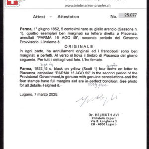 Lot 457 - ITALIAN STATES: PARMA; 1852 5c black yellow, 4 copies - Image 3