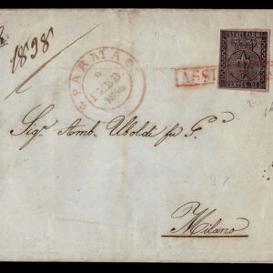 Lot 458 - ITALIAN STATES: PARMA; 1852  25c black on violet margins all around on letter to Milan, red - Image 1