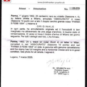 Lot 458 - ITALIAN STATES: PARMA; 1852  25c black on violet margins all around on letter to Milan, red - Image 3