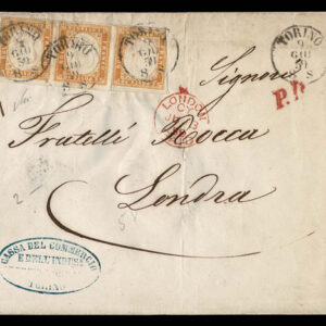 Lot 459 - ITALIAN STATES: SARDINIA;  1859 80c yellow ocher horizontal STRIP OF THREE on cover to London - Image 1
