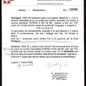 Lot 459 - ITALIAN STATES: SARDINIA;  1859 80c yellow ocher horizontal STRIP OF THREE on cover to London - Image 2