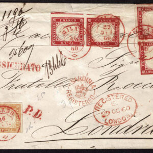 Lot 460 - ITALIAN STATES: SARDINIA; 80c  yellow ocher and two vertical pairs of  40c carmine on Registered cover to London - Image 1