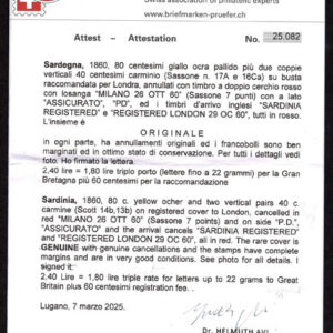 Lot 460 - ITALIAN STATES: SARDINIA; 80c  yellow ocher and two vertical pairs of  40c carmine on Registered cover to London - Image 3