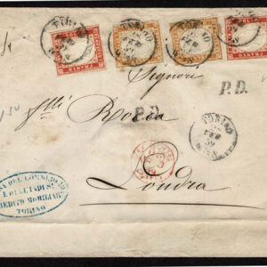 Lot 461 - ITALIAN STATES: SARDINIA; 1859 80c (2), small faults, 40c (2),orange ocher and orange vermillion  on cover to London - Image 1