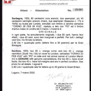 Lot 461 - ITALIAN STATES: SARDINIA; 1859 80c (2), small faults, 40c (2),orange ocher and orange vermillion  on cover to London - Image 3