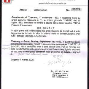 Lot 462 - ITALIAN STATES: TUSCANY;1852 1g black on grayish blue paper - Image 2