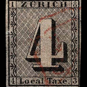 Lot 475 - SWITZERLAND: ZURICH; 1843 4R black, red vertical lines - Image 1
