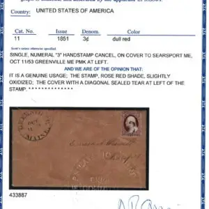 Lot 050 - UNITED STATES: Maine; 1852 -55 3c rose red - Image 3