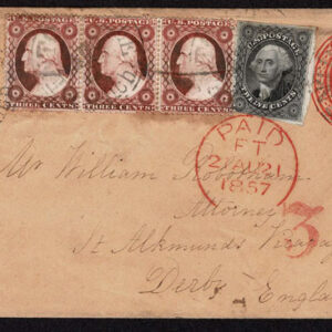 Lot 061 - UNITED STATES :Michigan;  Used to England; 1857 3c red STRIP OF THREE together with 1851 12c Black - Image 1