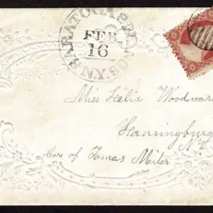 Lot 079 - UNITED STATES: New York; 1857  3c red tied by 7-bar in circle on glossy Valentine envelope - Image 1