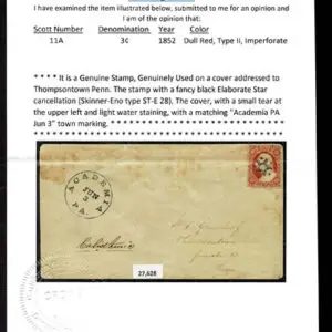 Lot 081 - UNITED STATES: Pennsylvania; 1852 3c dull red Type II Imperforate, black Elaborate Star cancel - Image 3